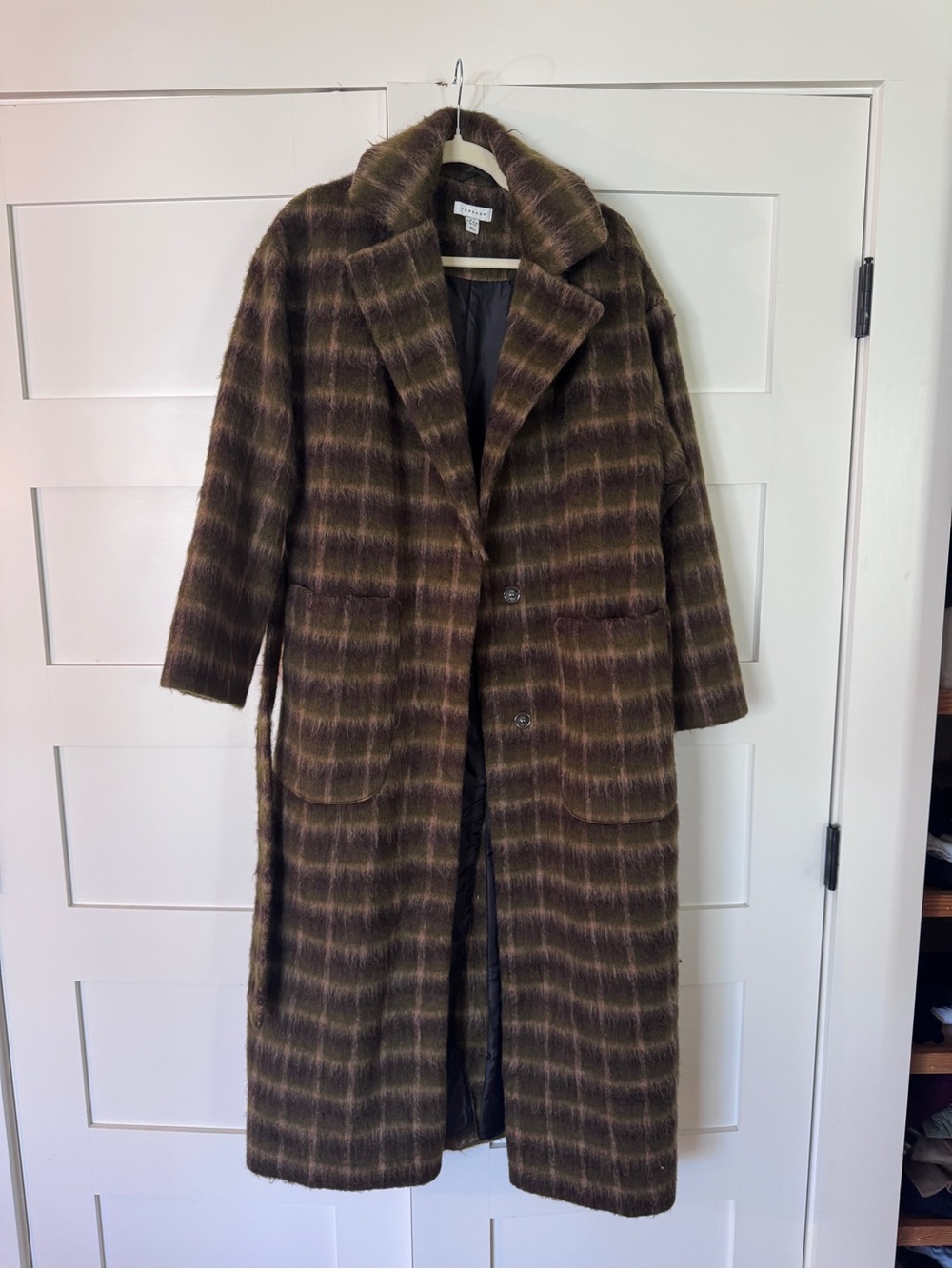 Topshop Brown Plaid Long Trench Coat